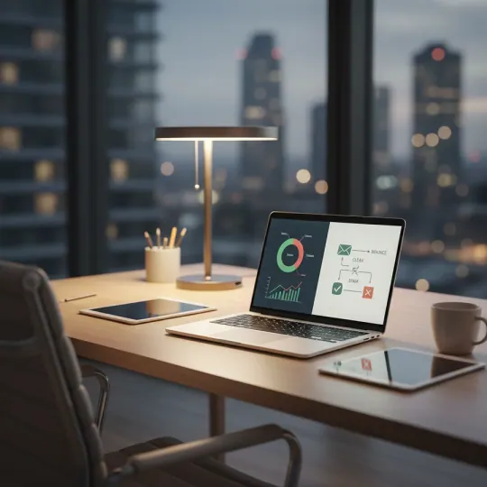 Marketer desk with laptop showing list validation metrics