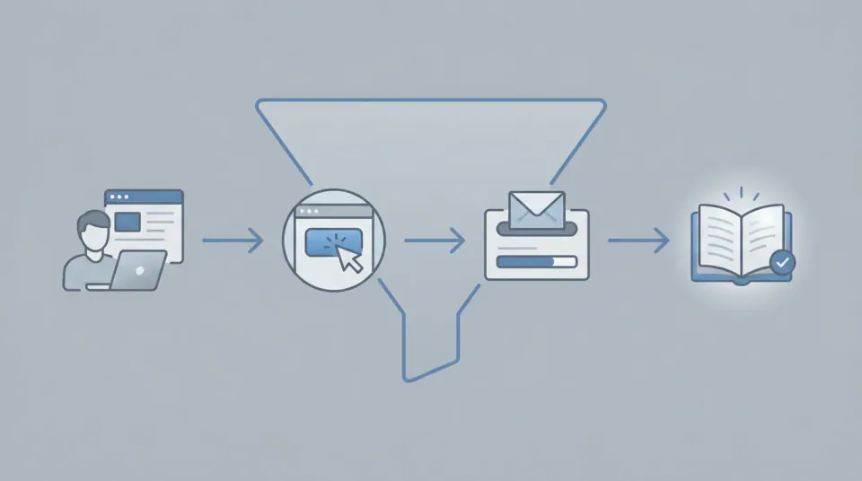 A minimalist diagram showing a funnel with icons representing a website visitor, a click, an email submission, and a delivered ebook, illustrating the lead magnet process.